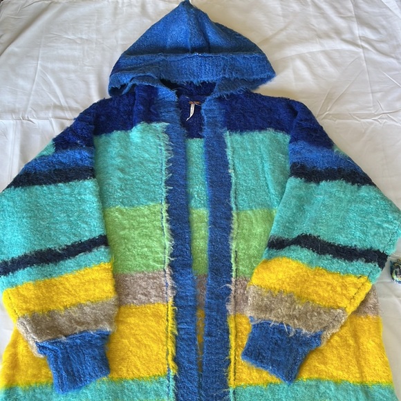 Free People Dream Team Cardigan Stripe Hooded Sweater Sunny Skies Size L - Picture 5 of 15